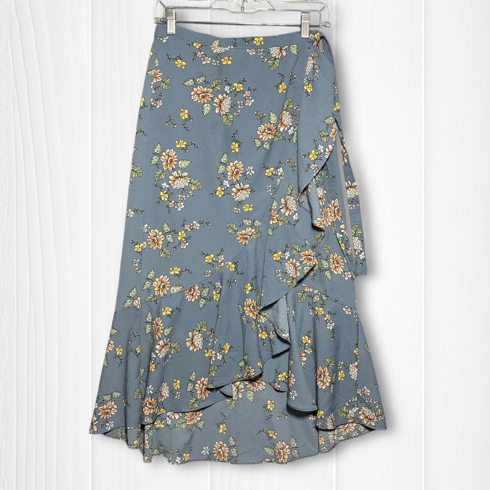 MAX STUDIO Floral Wrap Style Midi Skirt Blue Peach Ruffle Women's  S‎
